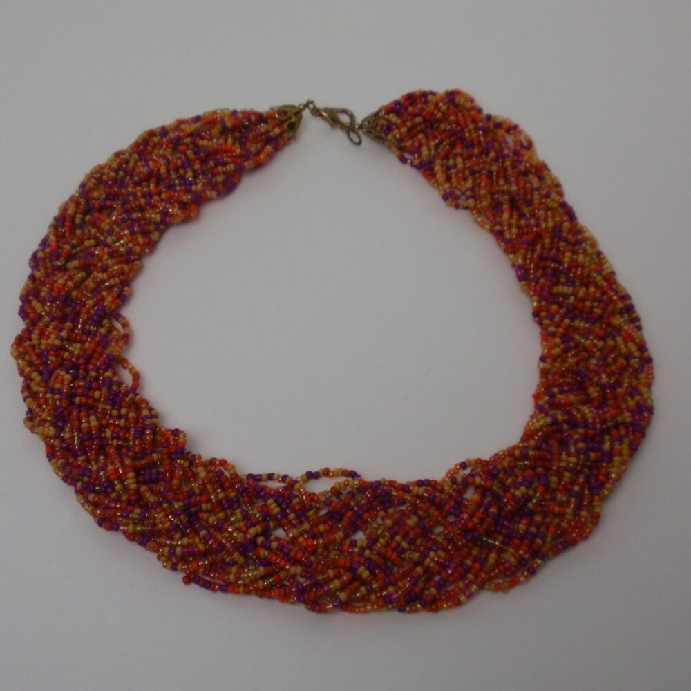 Multicolor Twisted Seed Bead Necklace Lobster Clasp 19" Long Boho Autumn Colors
